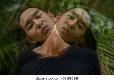 Multiple exposure of Asian man with long hairstyle outdoors