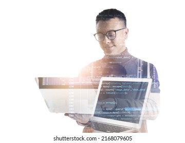 Multiple exposure of Asian programmer with computers and JavaScript on white background