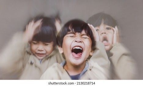 multiple exposure, a boy's unhappy expression - Shutterstock ID 2130218714