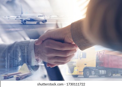 Multiple Exposure Of Business Partners Shaking Hands And Different Different Transports. Logistics