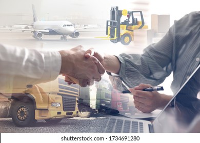 Multiple Exposure Of Business Partners Shaking Hands And Different Transports. Logistics