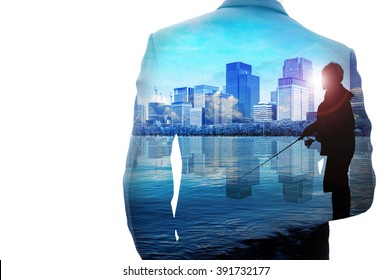 Multiple exposure businessman, silhouette fisherman and cityscape on white background
