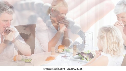 Multiple Exposure Of Caucasain Family Praying At Dinning Table And Hand With Rosary In Background. Spirituality, Religion, Worshipper, Meditation, Christianity And National Day Of Prayer.