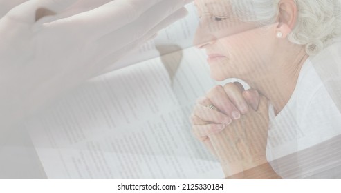 Multiple exposure of caucasian senior woman praying and hands clasped over bible. spirituality, religion, worshipper, meditation, christianity and national day of prayer.