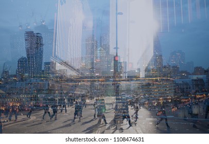 Multiple Exposure Of City Commuters And Skyscrapers In London. Concept For Management, Corporate Strategies, Future Cities, Employment, Digital Transformation, Business, Finance Solutions, Migration