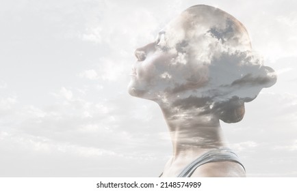 Multiple exposure clouds Woman mental health and weather dependent concept. - Shutterstock ID 2148574989