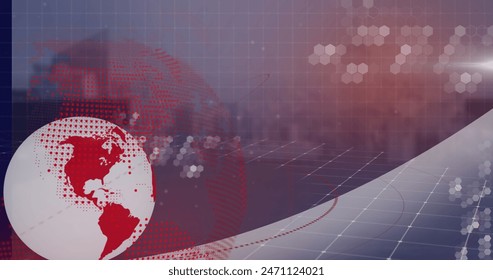 Multiple exposure of digitally generated earth with grid patterns rotating over hexagonal shapes. image, hologram, graphic, world, futuristic, data, technology, artificial intelligence.