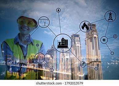 Multiple exposure of female engineer, scheme and cityscape