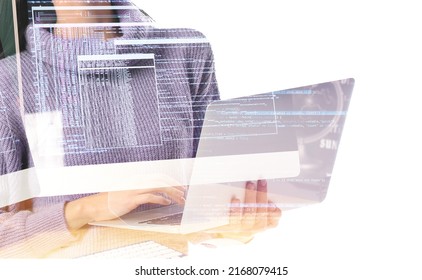 Multiple exposure of female programmer with laptop, JavaScript and modern office on white background