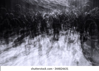 multiple exposure of people in overcrowded city on black friday resembling a zombie apocalypse                        