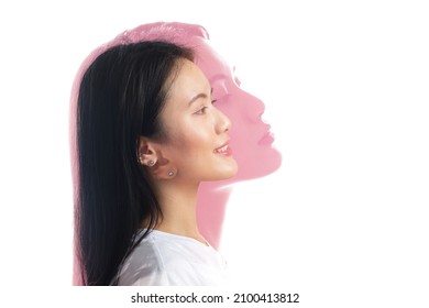 Multiple Exposure Portrait Of Asian Woman With Positive Smile And Serious Sad Facial Expression. Mental Health, Depression Contemplation And Emotions Overstressed Bipolar