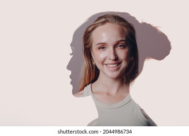 Multiple Exposure Portrait Of European American Caucasian Woman With Positive Smile And Serious Sad Facial Expression. Mental Health, Depression And Emotions Stress Concept.