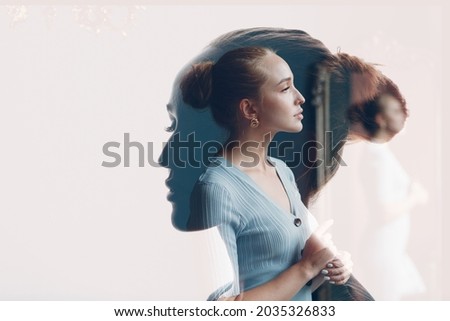 Multiple exposure portrait of european american caucasian woman with serious sad facial expression. Mental health, depression and emotions concept.