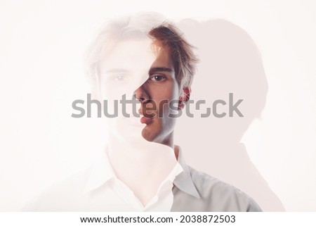 Multiple exposure portrait of young european caucasian man with serious sad facial expression. Mental health, depression and emotions Contemplation concept