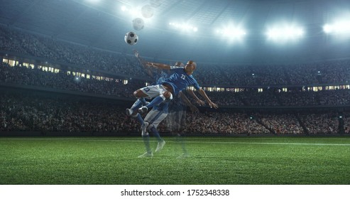 Multiple Exposure Of A Soccer Player Kicking The Ball On The Professional Soccer Stadium Made In 3d.