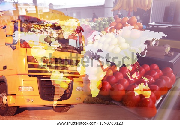 Multiple exposure of truck, fresh fruits and\
world map. Wholesale\
concept