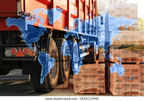 Multiple exposure of truck, stacked bricks and\
world map. Wholesale\
concept