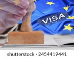 Multiple exposure of woman stamping visa page in passport and flag of European Union, closeup