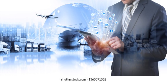 Multiple exposures of Businessman touching tablet for analyze stock at logistics port and world map with logistic network distribution on background, transportation trading business concept,