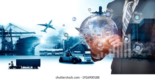 Multiple exposures of Businessman touching tablet for analyze stock at logistics port and world map with logistic network distribution on background, transportation trading business concept, 