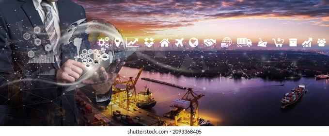 Multiple Exposures Of Businessman Touching Tablet For Analyze Stock At Logistics Port And World Map With Logistic Network Distribution On Background, Transportation Trading Business Concept