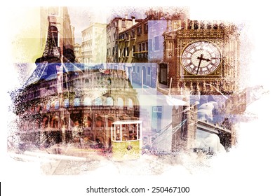 multiple exposures of different european landmarks such as the Big Ben in London, the Eiffel Tower in Paris, the Coliseum in Rome, a canal in Venice or a tramcar in Lisbon