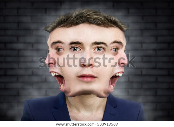 Multiple\
face man weird portrait over wall\
background