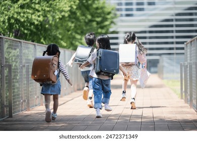 Multiple faceless back view of school children's school bags running energetically to and from school - Powered by Shutterstock