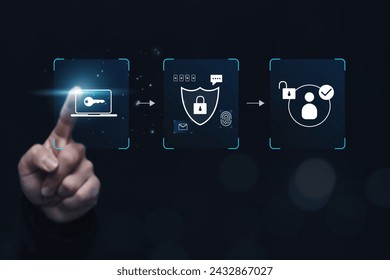 Multiple factor authentication MFA method using portable devices to protect data and account on internet data security concept, businessman finger touching secure computer technology graphics icon.