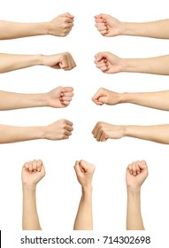 Multiple female caucasian clenched fist isolated over white background