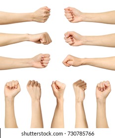 Multiple female caucasian clenched fist isolated over white background