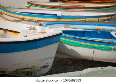 Multiple Fishing Boats On Dry Land, Capri Island Harbor, Italy