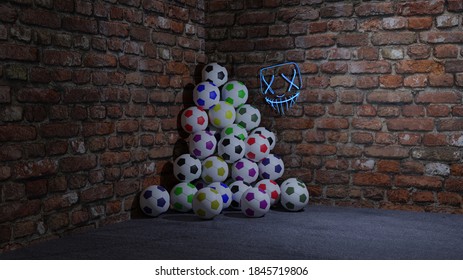 Multiple Footballs With The Neon Sign