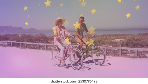 Multiple golden star icons against caucasian senior couple riding bicycles together at the beach. pedal day awareness concept - Powered by Shutterstock