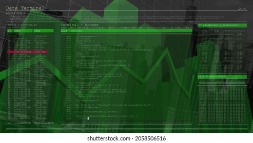 Multiple graphs moving over data processing against tall buildings in background. global finance and business concept