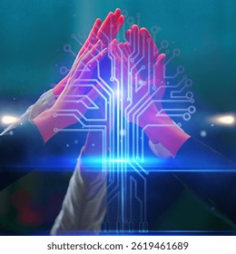 Multiple hands come together in a high-five gesture, symbolizing teamwork, unity, and collaboration. Overlaid on the hands is a digital circuit pattern resembling a tree or network, with glowing blue  - Powered by Shutterstock - Get 15% off with code: PIKWIZARD15