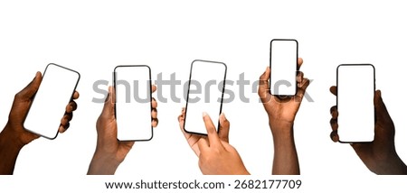Multiple hands of different skin tones holding smartphones with blank white screens in various positions, isolated on white background