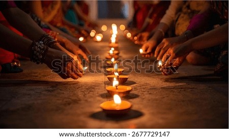 Multiple hands are shown from a low angle, lighting a row of small, traditional oil lamps, or diyas, on a dark surface. The image evokes a sense of shared ritual and spiritual celebration.