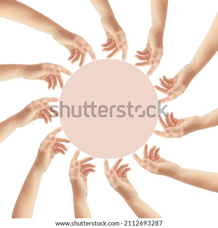 Multiple hands surround light nude pink curcle. Arms gesture concept. Collage symbol sun made by hands.