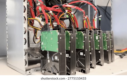 Multiple Hard Disk Drives Connected with SATA Cables in Server or Data Storage System