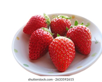  Multiple hefty strawberries on a white plate                              