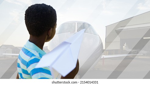 Multiple Image Of Airplane At Airport Against Sky And African American Boy Flying Paper Airplane. Digital Composite, Childhood, Imagination, Aviation, Patriotism, Celebration And Awareness.