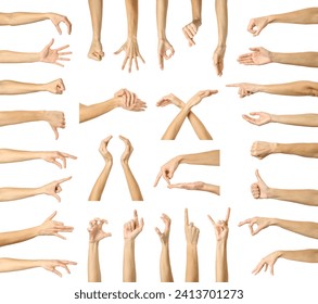 Multiple images set of female caucasian hand gestures isolated over white background - Powered by Shutterstock