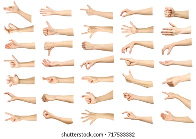 Multiple Images Set Of Female Caucasian Hand Gestures Isolated Over White Background. Part Of Series