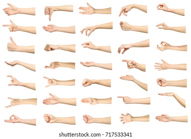 Multiple images set of female caucasian hand gestures isolated over white background. Part of series