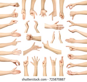 Multiple images set of female caucasian hand gestures isolated over white background - Shutterstock ID 725870887