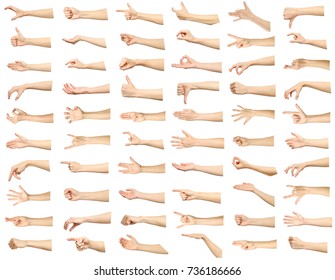 Multiple images set of female caucasian hand gestures isolated over white background - Shutterstock ID 736186666