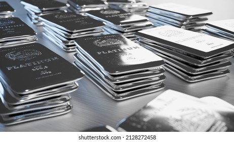 Multiple imperfect piles of 100g medici platinum bullions. The bars are polished, with a flat surface. Embossing "Bank of the Medici" "One does not sue truth for profit" - no copyrighted elements - Shutterstock ID 2128272458