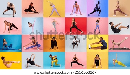 Multiple individuals of different backgrounds are performing various workout routines against colorful backdrops.