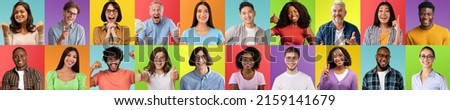 Multiple Joyful People Of Different Age And Ethnicity Posing Over Bright Backgrounds, Creative Collage With Diverse Cheerful Men And Woman Expressing Positive Emotions While Looking At Camera